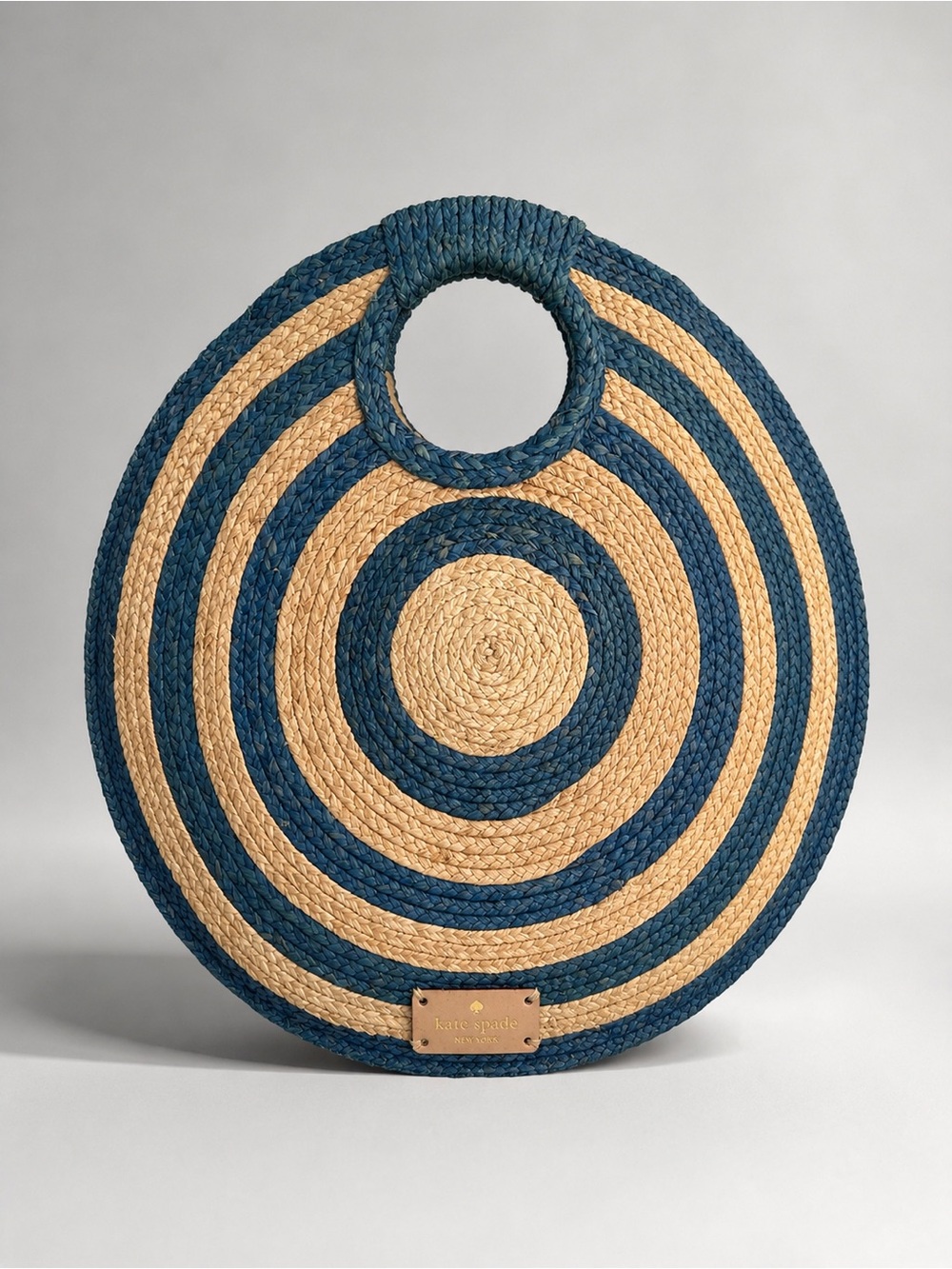 Kate Spade Round Raffia Straw Tote Blue Natural Woven Circle Bag 15” Rare - Picture 1 of 14